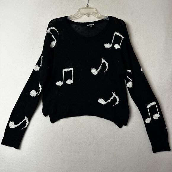 Hot Topic sweater sz large black with white‎ music notes cropped novelty top - Picture 1 of 5